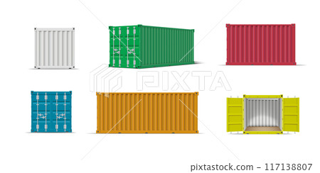Cargo ship containers different colors and views mockup vector set, transportation metal freight storage for delivery 117138807