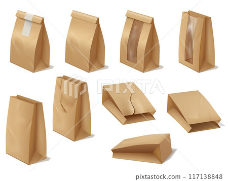 3d set of brown paper lunch bags. 117138848