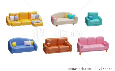3D vector illustration of upholstered furniture with decorative pillows for cozy interiors. 3D vector illustration of upholstered furniture with decorative pillows for cozy interiors. 117138858