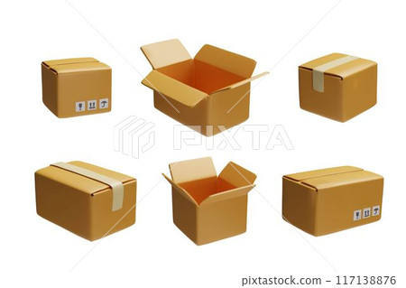 Collection vector 3D cardboard boxes, closed and open, with adhesive tape on a white background, 117138876