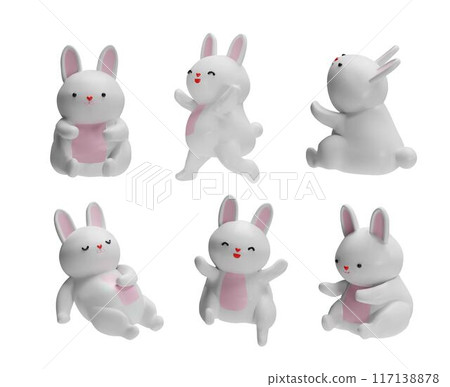 A set of 3d vector illustrations of a white rabbit for the Easter Festival. 117138878