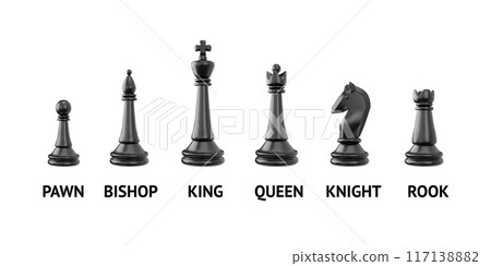 3d set of black chess pieces. 117138882