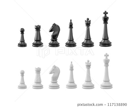 Set of chess pieces 3d vector, realistic black and white board game figures collection, chessmen, queen and king, horse Set of chess pieces 3d vector, realistic black and white board game figures collection, chessmen, queen and king, horse 117138890