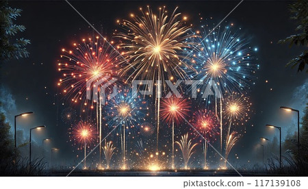 煙火表演中煙火飛向夜空 煙火表演中煙火飛向夜空 117139108