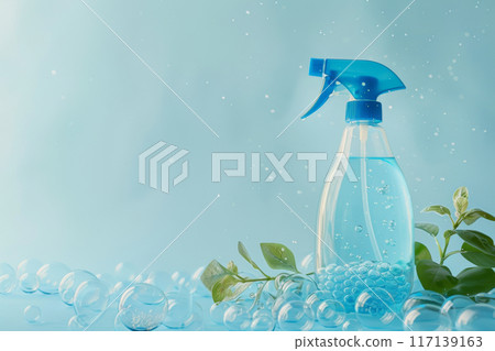 Cleaning spray bottle in soapy lather background with copy space 117139163