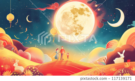 Mid autumn festival Full moon night scene with silhouettes of people and bunny 117139171