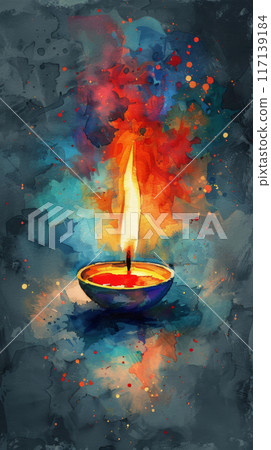 Diwali Oil diya lamps with burning flames surrounded by flower petals, background 117139184