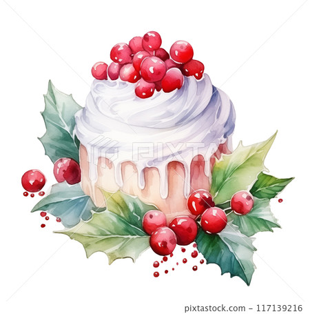 Watercolor winter Christmas cake topped with white frosting and red berries, adorned with holly leaves isolated on white background. 117139216