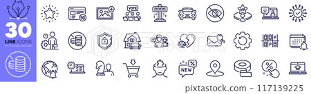 New, People talking and Mental conundrum line icons pack. Not looking, Website education, Pin web icon. Smile, Internet notification, Divorce lawyer pictogram. No cash, Attraction, Shield. Vector 117139225
