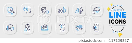 Mobile like, Fraud and Cough line icons for web app. Pack of Food delivery, Social care, Business hierarchy pictogram icons. Search employee, Restaurant food, Stress signs. Nurse. Vector 117139227