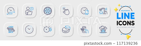 Cogwheel timer, Cursor and Alarm bell line icons for web app. Pack of Online question, Cable section, Building pictogram icons. Education, Pie chart, Time management signs. Cashback card. Vector Cogwheel timer, Cursor and Alarm bell line icons for web app. Pack of Online question, Cable section, Building pictogram icons. Education, Pie chart, Time management signs. Cashback card. Vector 117139236