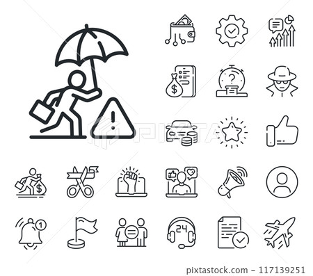 Insurance umbrella sign. Salaryman, gender equality and alert bell outline icons. Risk management line icon. Danger warning symbol. Risk management line sign. Spy or profile placeholder icon. Vector Insurance umbrella sign. Salaryman, gender equality and alert bell outline icons. Risk management line icon. Danger warning symbol. Risk management line sign. Spy or profile placeholder icon. Vector 117139251