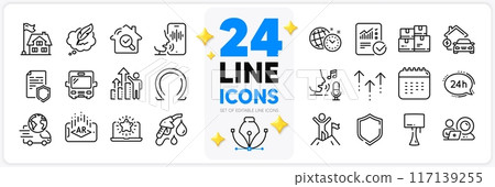 Icons set of 24h service, Swipe up and Voicemail line icons pack for app with Augmented reality, Inspect, Calendar thin outline icon. Bus, Delivery service, Wholesale inventory pictogram. Vector 117139255