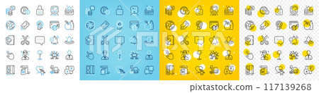 Vector icons set of Social care, Information bell and Lock line icons pack for web with Parking time, Positive feedback, Money tax outline icon. Translate, Cursor, Scissors pictogram. Vector 117139268