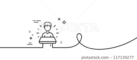 Brand ambassador line icon. Continuous one line with curl. Man speaking sign. Advertisement symbol. Brand ambassador single outline ribbon. Loop curve pattern. Vector Brand ambassador line icon. Continuous one line with curl. Man speaking sign. Advertisement symbol. Brand ambassador single outline ribbon. Loop curve pattern. Vector 117139277