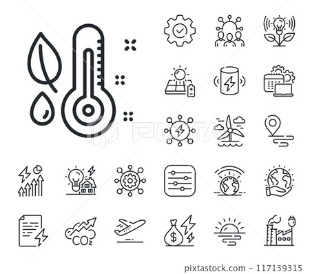 Humidity and leaf sign. Energy, Co2 exhaust and solar panel outline icons. Thermometer line icon. Moisture symbol. Thermometer line sign. Eco electric or wind power icon. Green planet. Vector Humidity and leaf sign. Energy, Co2 exhaust and solar panel outline icons. Thermometer line icon. Moisture symbol. Thermometer line sign. Eco electric or wind power icon. Green planet. Vector 117139315