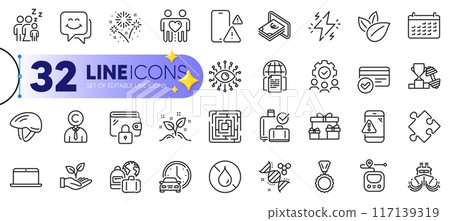 Outline set of Phone warning, Organic product and Book car line icons for web with Baggage reclaim, Internet documents, Startup concept thin icon. Chemistry dna, Ship, Sleep pictogram icon. Vector Outline set of Phone warning, Organic product and Book car line icons for web with Baggage reclaim, Internet documents, Startup concept thin icon. Chemistry dna, Ship, Sleep pictogram icon. Vector 117139319