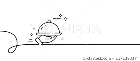 Restaurant food line icon. Continuous one line with curl. Dinner sign. Hotel room service symbol. Restaurant food single outline ribbon. Loop curve pattern. Vector 117139337