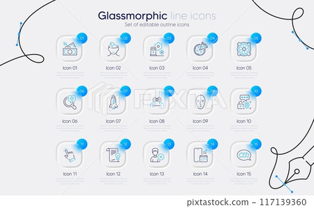 Set of Stars, Face biometrics and Depression treatment line icons for web app. Medical analyzes, Computer fan, Give present icons. Phone calendar, Approved agreement, Charging station signs. Vector 117139360