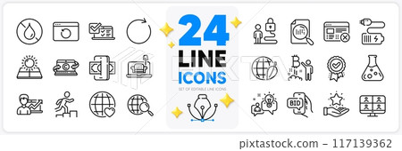 Icons set of Phishing, Reject web and Search file line icons pack for app with Online survey, Idea, Loyalty program thin outline icon. Environment day, Success business. Design with 3d stars. Vector 117139362