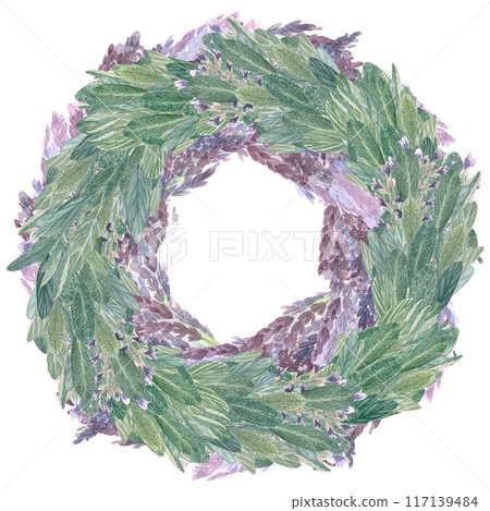 Sage and lavender wreath watercolor illustration isolated on white. High quality hand painted art for cards, packages, oil infusions, folk medicine recipes, herbal guides, labels, logotype design 117139484