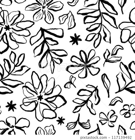 Floral brushstroke seamless pattern. Abstract flower doodle vector background. Hand drawn plants scribble print Floral brushstroke seamless pattern. Abstract flower doodle vector background. Hand drawn plants scribble print 117139492
