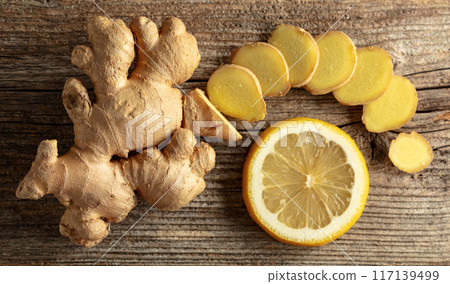 Fresh ginger and lemon slice. Fresh ginger and lemon slice. 117139499