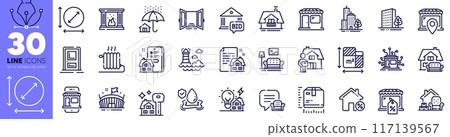 Delivery man, Floor plan and Buildings line icons pack. Open door, Arena, Distribution web icon. Loan house, Radiator, Lounge place pictogram. Lighthouse, Package size, Building energy. Vector 117139567