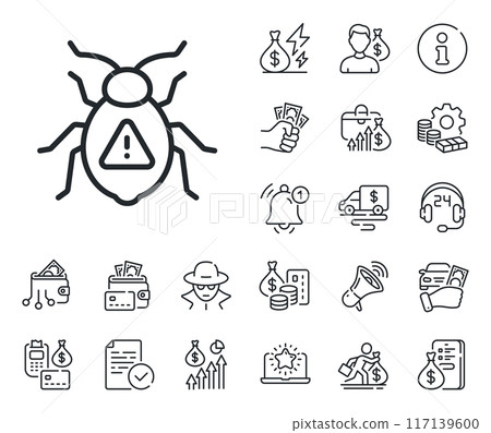 Cyber attack sign. Cash money, loan and mortgage outline icons. Software bug line icon. Computer virus symbol. Software bug line sign. Credit card, crypto wallet icon. Inflation, job salary. Vector 117139600