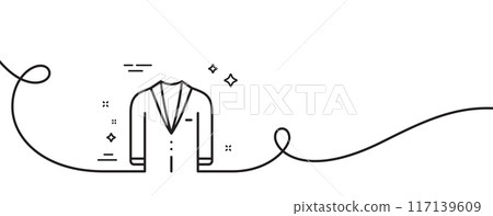 Suit line icon. Continuous one line with curl. Menswear clothing sign. Business wear symbol. Suit single outline ribbon. Loop curve pattern. Vector Suit line icon. Continuous one line with curl. Menswear clothing sign. Business wear symbol. Suit single outline ribbon. Loop curve pattern. Vector 117139609