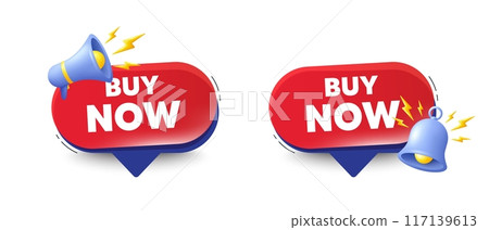 Buy Now tag. Speech bubbles with 3d bell, megaphone. Special offer price sign. Advertising Discounts symbol. Buy now chat speech message. Red offer talk box. Vector Buy Now tag. Speech bubbles with 3d bell, megaphone. Special offer price sign. Advertising Discounts symbol. Buy now chat speech message. Red offer talk box. Vector 117139613