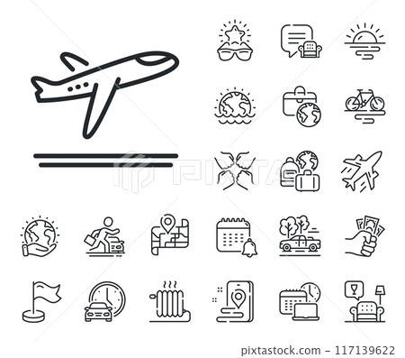 Airplane take off sign. Plane jet, travel map and baggage claim outline icons. Airport departure plane line icon. Flight symbol. Departure plane line sign. Car rental, taxi transport icon. Vector 117139622