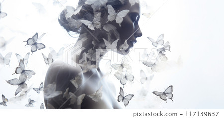 Woman profile with butterflies dispersing from head, concept of mental health 117139637