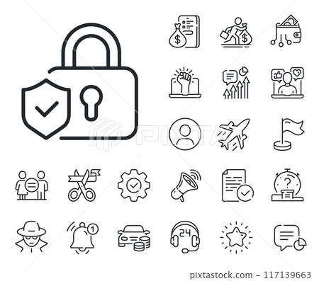 Cyber defence shield sign. Salaryman, gender equality and alert bell outline icons. Security lock line icon. Private protection symbol. Security lock line sign. Spy or profile placeholder icon. Vector Cyber defence shield sign. Salaryman, gender equality and alert bell outline icons. Security lock line icon. Private protection symbol. Security lock line sign. Spy or profile placeholder icon. Vector 117139663