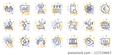 Outline set of Environment day, Cable section and Evaporation line icons for web app. Include Recovery phone, Consulting business, Euro money pictogram icons. Musical note, Report timer. Vector Outline set of Environment day, Cable section and Evaporation line icons for web app. Include Recovery phone, Consulting business, Euro money pictogram icons. Musical note, Report timer. Vector 117139667