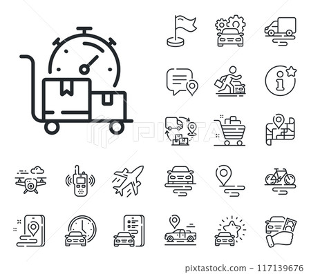 Moving service sign. Plane, supply chain and place location outline icons. Fast delivery line icon. Things transportation symbol. Fast delivery line sign. Taxi transport, rent a bike icon. Vector 117139676