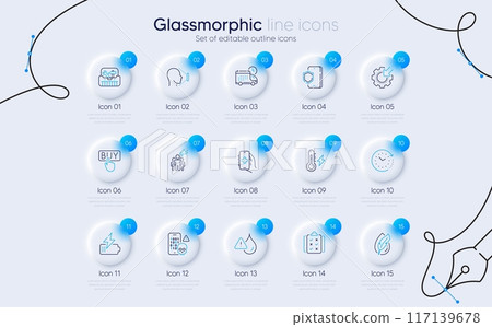 Set of Seo gear, Brand ambassador and Time change line icons for web app. Face id, Cyber attack, Delivery icons. Toolbox, Waterproof, Phone protection signs. Battery, Health app. Vector 117139678
