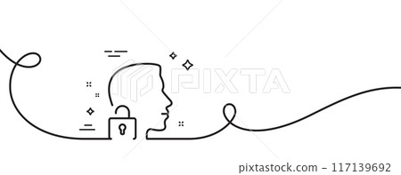 Face accepted line icon. Continuous one line with curl. Access granted sign. Unlock system symbol. Unlock system single outline ribbon. Loop curve pattern. Vector 117139692