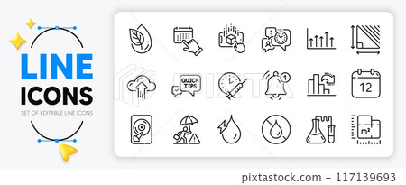 Hydroelectricity, Growth chart and Time management line icons set for app include Floor plan, Risk management, Quick tips outline thin icon. Augmented reality, Hdd. Yellow 3d stars with cursor. Vector 117139693