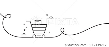 Shopping cart line icon. Continuous one line with curl. Online buying sign. Supermarket basket symbol. Market sale single outline ribbon. Loop curve pattern. Vector 117139717
