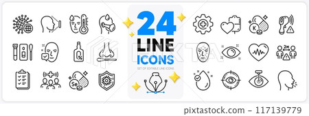 Icons set of Fever, Blood and Coronavirus line icons pack for app with Face id, Alcohol free, Selenium mineral thin outline icon. Checklist, Face accepted, Heartbeat pictogram. Vector Icons set of Fever, Blood and Coronavirus line icons pack for app with Face id, Alcohol free, Selenium mineral thin outline icon. Checklist, Face accepted, Heartbeat pictogram. Vector 117139779