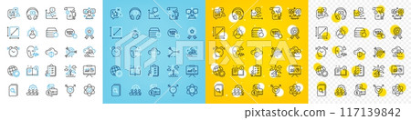 Vector icons set of Target, Teamwork and Winner ribbon line icons pack for web with Search files, Headphones, Quick tips outline icon. Voice wave, Atom core, Windmill pictogram. Vector 117139842