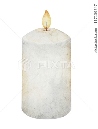 Watercolor Illustration of lighting Candle with Flame made of wax. Drawing of burning element for Halloween Greeting Cards or holiday Invitations on isolated background. Cozy vintage home decor. 117139847