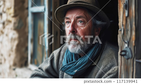 Elderly man with grey beard and hat looking pensively out of window Elderly man with grey beard and hat looking pensively out of window 117139941