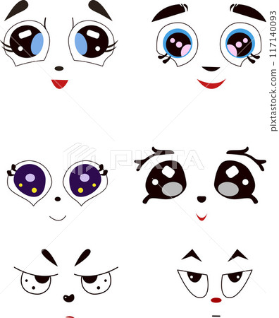 Kawaii cute faces in vector Manga style eyes and mouths. Different cartoon Japanese emoticon. Kawaii cute faces in vector Manga style eyes and mouths. Different cartoon Japanese emoticon. 117140093