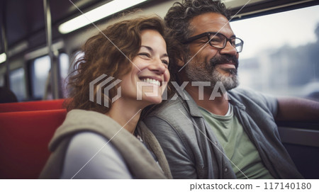 Mixed race middle aged couple travelling by train, responsible travel concept 117140180