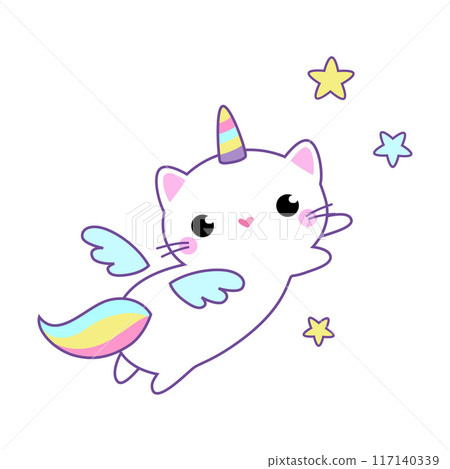 Cat Unicorn Character with Rainbow Tail and Horn Vector Illustration 117140339