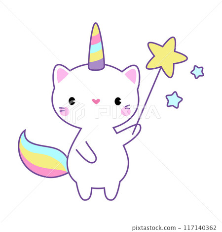 Cat Unicorn Character with Rainbow Tail and Horn Vector Illustration 117140362