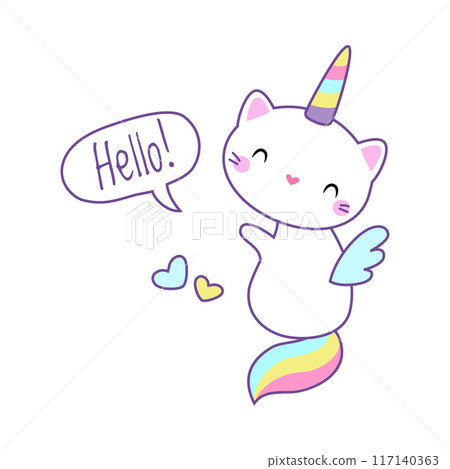 Cat Unicorn Character with Rainbow Tail and Horn Vector Illustration 117140363