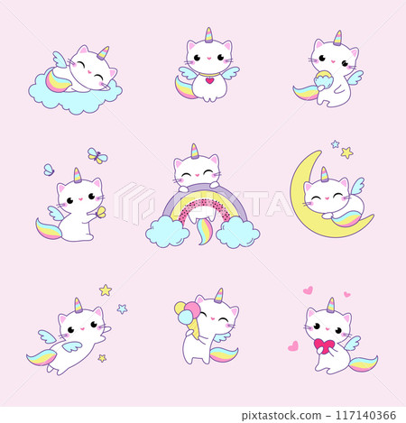 Cat Unicorn Character with Rainbow Tail and Horn Vector Set 117140366